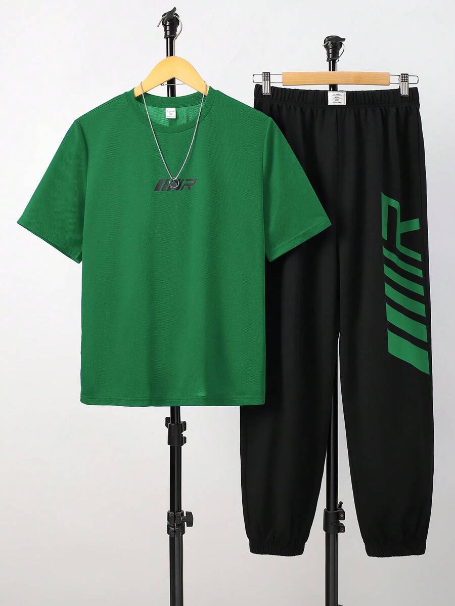 SHEIN Bộ 2 chiếc/Bộ áo chui đầu cổ tròn in chữ thoáng khí thường ngày cho bé trai tuổi teen, thích hợp cho mùa hè, thể thao, chạy bộ, đi chơi - Màu xanh lá cây đậm - Xem 1