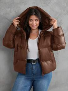 EURMUSE Damen Übergangsjacke mit Reißverschluss und Kapuze, gefüttert, aus PU-Material, Große Größen - Braun - Übersicht 1