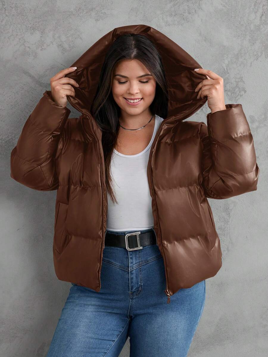 EURMUSE Damen Übergangsjacke mit Reißverschluss und Kapuze, gefüttert, aus PU-Material, Große Größen - Braun - Übersicht 1