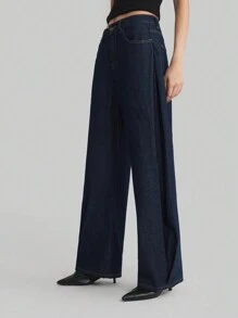 Ontre 2025 新款女士纯色口袋优雅通勤直筒牛仔裤，春夏季宽松牛仔裤