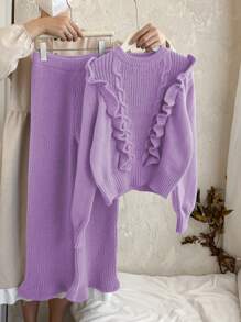 Tween Girls Blue Frill Trim Sweater Set, The Unique Frill Trim Design On The Set Adds A Touch Of Sweetness And Cuteness For Kids - Purple - View 3
