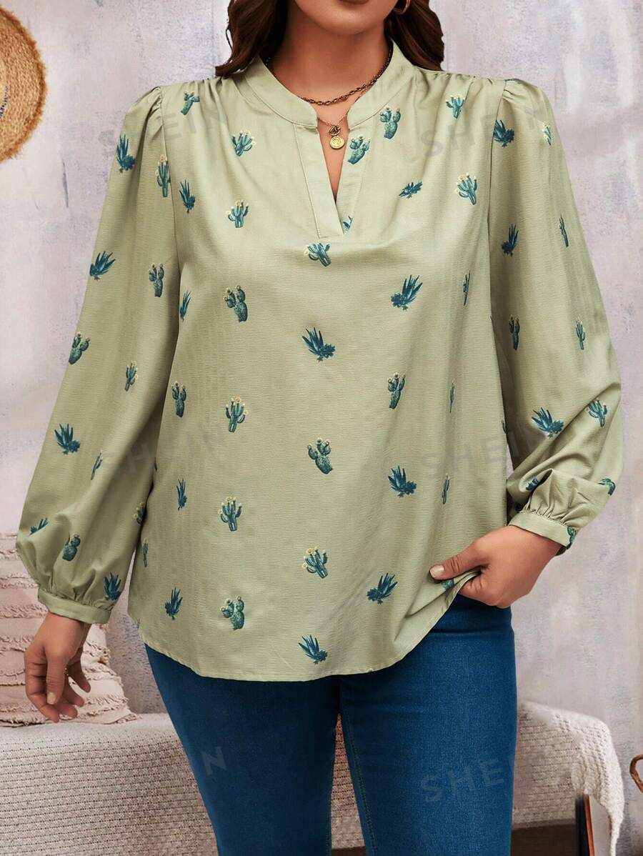 EMERY ROSE Blusa elegante de manga larga con cuello en V y estampado floral para mujer de talla grande, ideal para usar en el trabajo - Verde - Ver 1