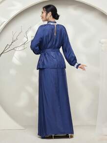 Graceveil Baju Kurung Ancient Style Solid Color Stand Collar Tie Loose Simple Fashionable Casual Daily Wear Modest