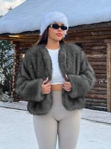 SHEIN EZwear 女士加大码纯色长袖前开宽松休闲蓬松外套冬季 - 灰色 - 查看 5