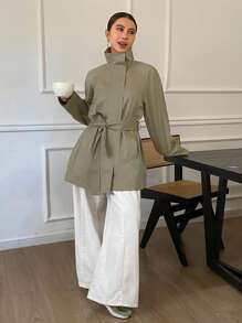 Livesso 宽松长袖腰带口袋女式风衣女式夹克，秋季女装 - 綠色 - 查看 4