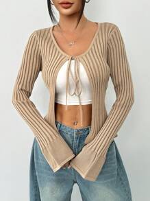 SHEIN Unity Women's Retro Ribbed Cardigan - Khaki - View 1