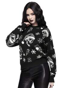 ROMWE Goth Suéter de cuello redondo con estampado en todo el diseño floral navideño de esqueleto oscuro