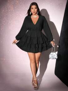 Viva Relle Plus Size Solid Color V-Neck Ruffle Hem Elegant Long Sleeve Dress,Valentine Fall Cloth For WomenValentine's Day - Black - View 3