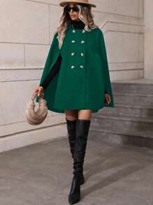 SHEIN Clasi Women's Solid Color Double-Breasted Elegant Cape Overcoat For Autumn/Winter - Green - View 3
