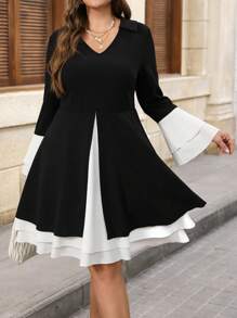 SHEIN Clasi Black & White Color Block Plus Size Layered Dress, Elegant For Everyday Wear In Autumn/Winter - Black and White - View 3