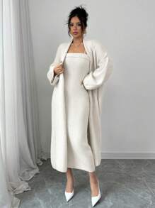 Chiquease 2pcs Loose Long Cardigan And Slip Dress Set - White - View 5