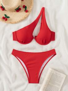 SHEIN Swim 2 件套纯色比基尼带钢圈，海滩度假夏季 - 紅色 - 查看 1