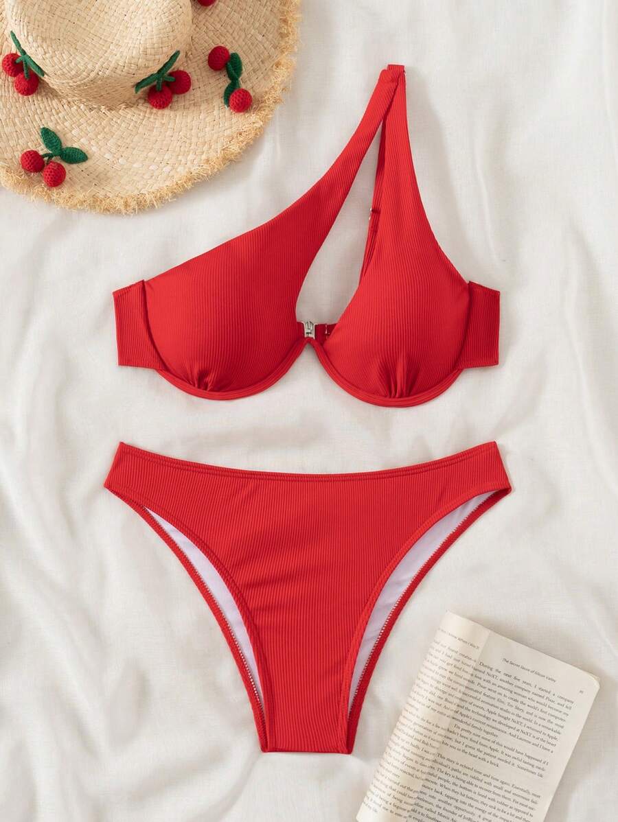 SHEIN Swim 2 件套纯色比基尼带钢圈，海滩度假夏季 - 紅色 - 查看 1