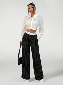 SHEIN PETITE Spliced ​​Waistband Yarn-Dyed Striped Suit Trousers
