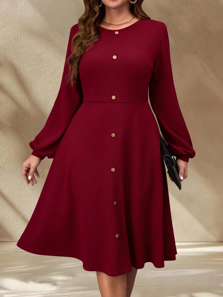 Plus Size Solid Color Round Neck Long Sleeve Casual Dress, Simple And Fashion For Daily Wear,Christmas New Years Outfit,Spring,Valentine's Day