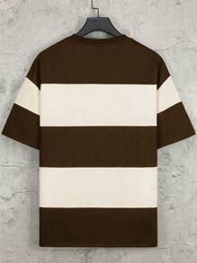 Manfinity Hypemode Men's Round Neck Short Sleeve Striped Simple T-Shirt, Casual For Daily Wear - Coffee Brown - View 2