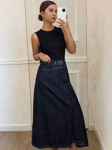 DAZY Women's Denim Patchwork Elasticated Knit Round Neck Sleeveless Dress With Asymmetric A-Line Dress And Belt, Fall Clothes Dress - Black - View 1