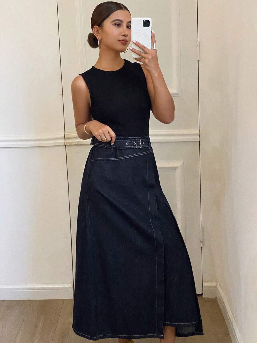 DAZY Women's Denim Patchwork Elasticated Knit Round Neck Sleeveless Dress With Asymmetric A-Line Dress And Belt, Fall Clothes Dress - Black - View 1