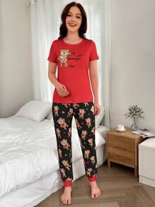 Dream Adore Conjunto de pijama con top de manga corta con estampado de oso de peluche y pantalón largo de cintura elástica