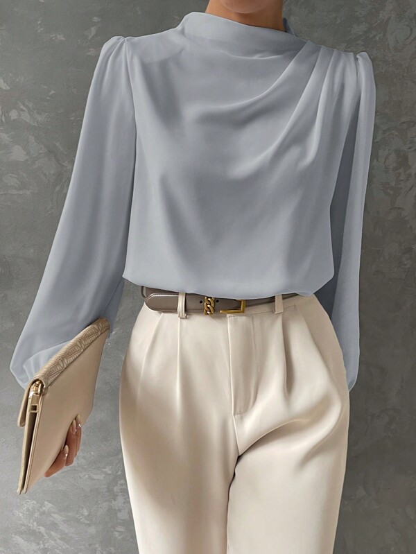 BizChic Women's Solid Color Stand Collar Pleated Decor Loose Lantern Sleeve Long Sleeve Shirt, Basic Urban Commute Style, Simple Elegant Fashion Business Casual Outfit, Suitable For Teachers And Office Wear