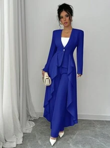 Elenzga Women's Waist Tailored Suit With Ruffled Hem, Elegant & Romantic