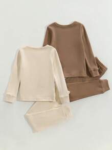 Young Boys Solid Color Splice Cuff And Hem Long Sleeve And Pants Fleece 2 Pieces Pajama Set - Multicolor - View 2