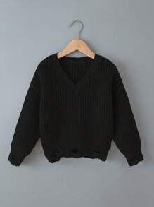 SHEIN 年轻女孩 V 领破洞街头时尚毛衣 - 黑色 - 查看 1
