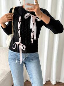 SHEIN Unity Cable Knit Twisted Long Sleeve Tie Front Sweater Knit Pullover Fall Winter - Black - View 3