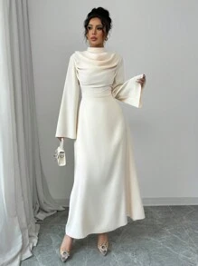 Elenzga Women's Stand Collar Pleated Long Sleeve Solid Color Mid-Length Dress Maxi Women Outfit