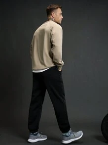 Gym Rark 男友风格男士纯色圆领休闲百搭长袖运动衫，运动服运动衫 - 卡其色 - 查看 6