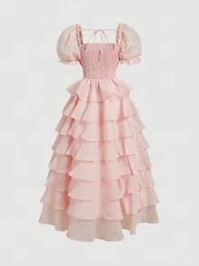 SHEIN MOD Transparante pofmouwen organza jurk met gelaagde, geschulpte rok