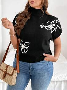 SHEIN VCAY Plus Size Floral Applique Turtleneck Elegant Short Sleeve Sweater - Black - View 3
