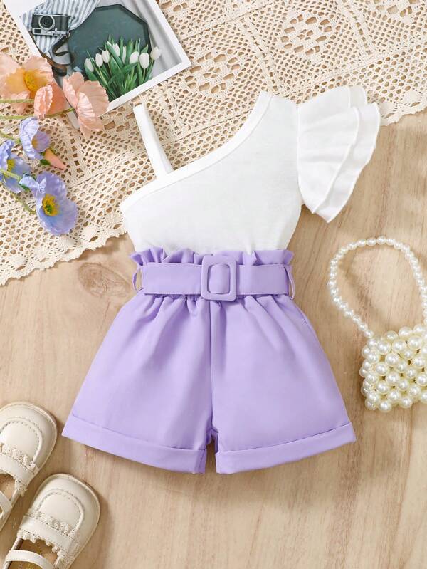 Conjunto de 2 peças de moda para bebês meninas, cor sólida, um ombro, manga curta, top e shorts com babados