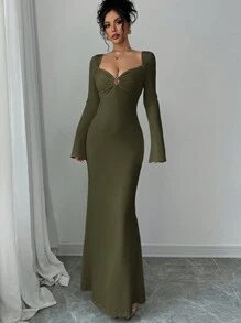Firerie Robe casual ajustée à manches longues avec col en cœur de couleur unie pour femmes - Militaire verte - Voir 6