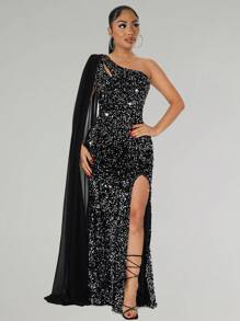 Elegante abito da sera senza maniche con paillettes e collo asimmetrico per donna, vestito lungo da festa con spacco sulla coscia e tessuto elasticizzato medio, mantella con paillettes nere monospalla, abito aderente con spacco alto, abito da ballo di fine anno scolastico, abito da laurea, abito nero per ballo di fine anno scolastico
