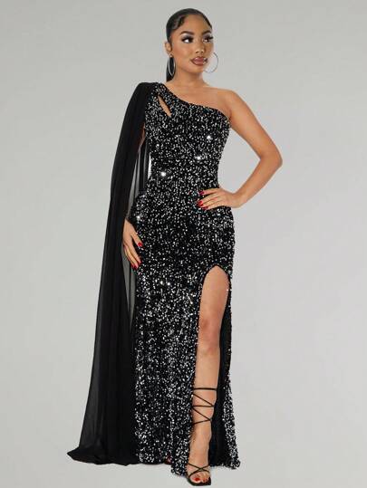 Elegante abito da sera senza maniche con paillettes e collo asimmetrico per donna, vestito lungo da festa con spacco sulla coscia e tessuto elasticizzato medio, mantella con paillettes nere monospalla, abito aderente con spacco alto, abito da ballo di fine anno scolastico, abito da laurea, abito nero per ballo di fine anno scolastico