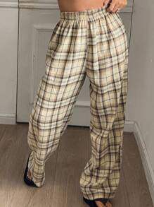 Livesso 女士弹力腰宽松阔腿格子家居舒适裤，睡裤，秋冬款 - 卡其色 - 查看 4