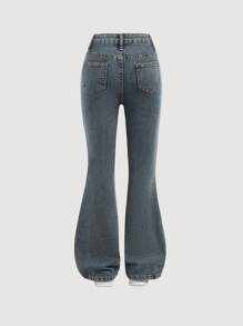 SHEIN Girlism Pantalones vaqueros de campana con efecto desgastado vintange para niñas preadolescentes, Y2K de los 2000, ropa para niñas para otoño y regreso a la escuela, atuendos de ropa de calle