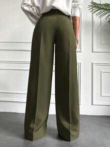 EURMUSE Women's Fashionable Versatile Solid Color Wide Leg Suit Pants - Dark Green - View 2