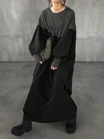 FRIFUL Women's Plain Patchwork Round Neck Long Sleeve Casual Midi Dress