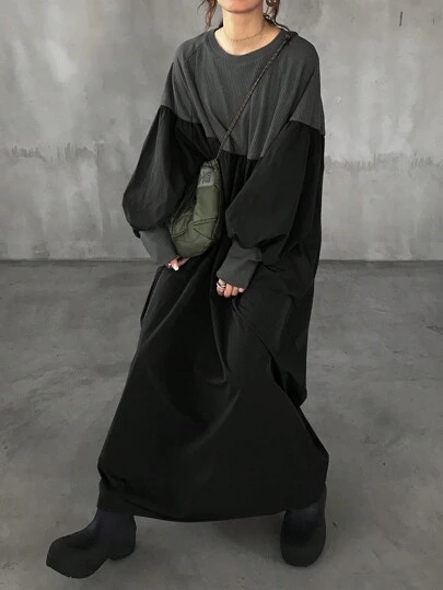 FRIFUL 女式纯色拼接圆领长袖休闲中长连衣裙