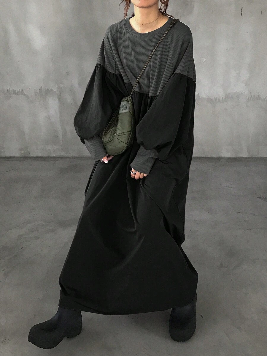 FRIFUL 女式纯色拼接圆领长袖休闲中长连衣裙 - 灰色 - 查看 1