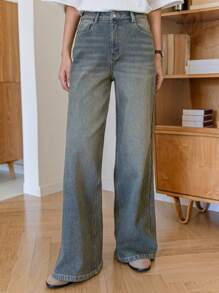 Dazy-Less 复古水洗拼布休闲阔腿牛仔裤女秋装商务休闲女式工作服