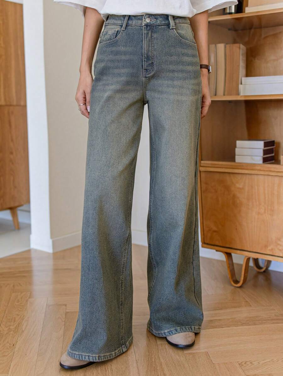 Dazy-Less 复古水洗拼布休闲阔腿牛仔裤女秋装商务休闲女式工作服