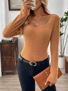 EMERY ROSE Women's Solid Color Long Sleeve Minimalist Casual Top, Everyday Wear - Rust Brown - View 4