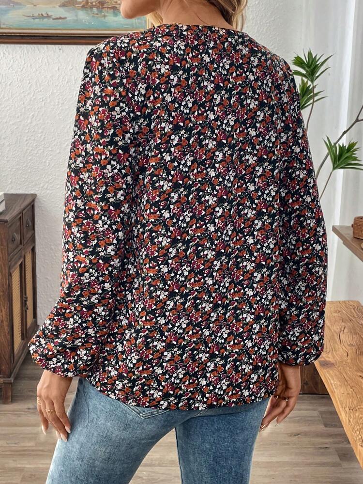 Top Casual Feminina de Manga Longa com Decote em V e Estampa All-Over, Use Diária