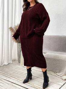Calvaya Plus Size Solid Color Long Sleeve Loose Fit Pullover Sweater & Skirt Set