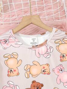 2 件套可爱熊印花针织圆领长袖上衣和裤子女孩紧身睡衣套装 - 彩色 - 查看 3