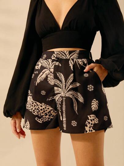 CAJUNI 女士波西米亚风印花、豹纹、椰子和玳瑁背竹子印花短裤、夏季休闲、海滩度假短裤