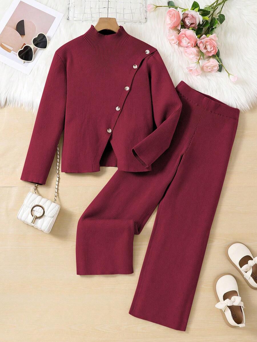 Tween Girl 两件套，时尚休闲高领开衩下摆毛衣和阔腿针织裤，温暖冬季套装，适合居家、旅行、外出 - 紅色 - 查看 1